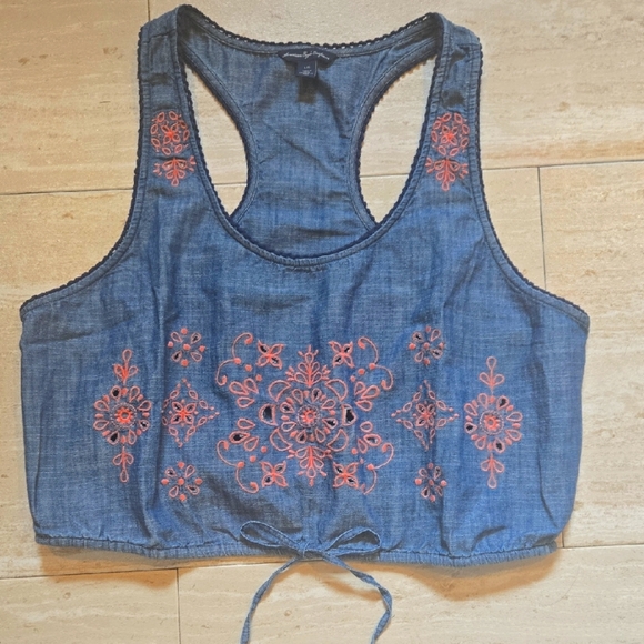 American Eagle Outfitters Tops - American Eagle Boho Festival Denim/Chambry Embellished Tie Front Crop Tank Top